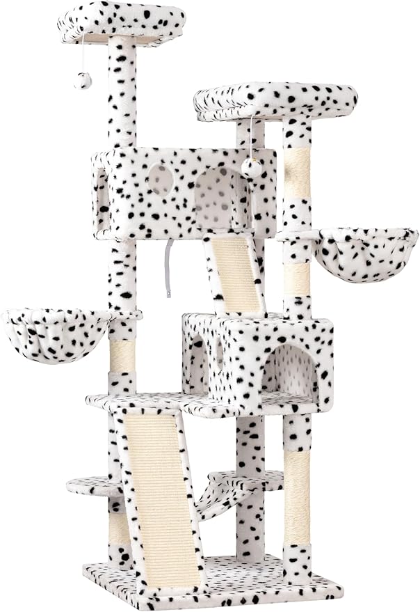 WEEWAY Cat Tree Tower for Indoor Cats,65'' Multi-Level Cat Furniture Activity Center,Stand House Condo Cave,Sisal Scratching Posts Ramps,Plush Perches Platforms Basket Hammock, White&Black Spot