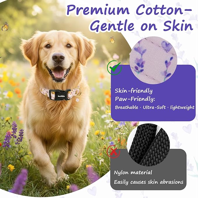 Dog Collar for Medium Dogs, Spring Purple Dog Collars with Flowers Pattern, Adjustable Cotton Dog Collars, Cute Girl or Boy Dog Collar Ideal for Gifts,Pet Accessory