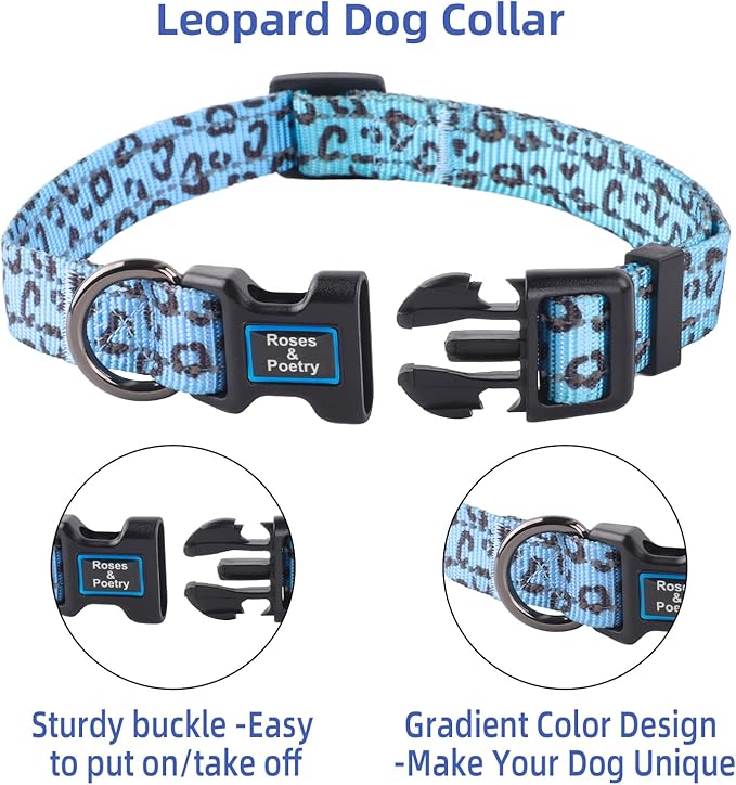 Roses&Poetry Small Dog Collar, Cute Leopard Style Adjustable Reflective Puppy Collars Durable Pet Collars for Small Medium Large Dogs(Azure-Leopard S)