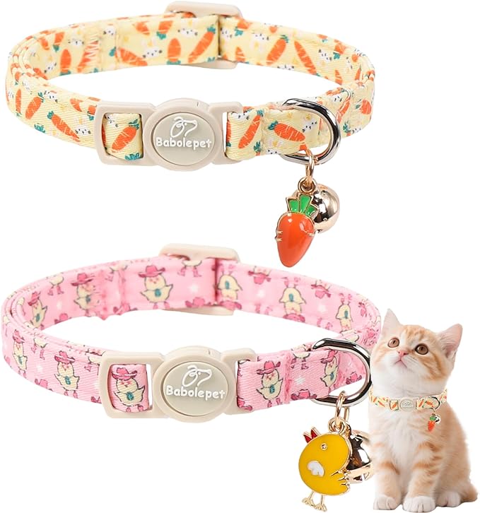 2 Pack Easter Cat Collars - Playful Chick & Carrot Easter Breakaway Cat Collar with Bell & Matching Pendant, Adjustable Spring Holiday Pink Yellow Kitten Collars for Boy Girl Cats