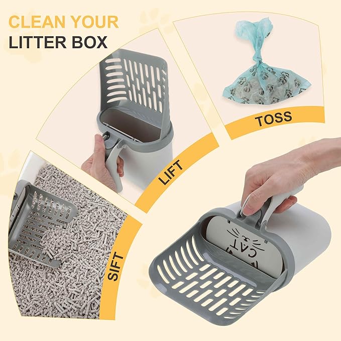 Cat Litter Scoop, Durable Litter Scooper with Refill Bags, Mess-Free Cat Litter Scooper, Convenient Scoop Holder Design, White, Grey