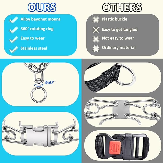 Stainless Steel Dog Collar, Tangle-Free 360° Swivel Collar with Quick-Release Buckle, Adjustable for Small, Medium and Large Dogs (S-2.5mm)