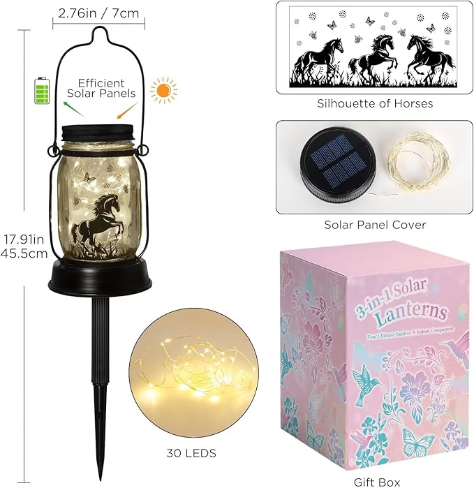 kyoryuger Horse Gifts for Women/Men Horse Lovers Solar Lantern Mom Birthday, Mothers Day, Christmas Valentine's Gifts, Solar Garden Decoration Outside for Yard, Patio,Backyard,Porch