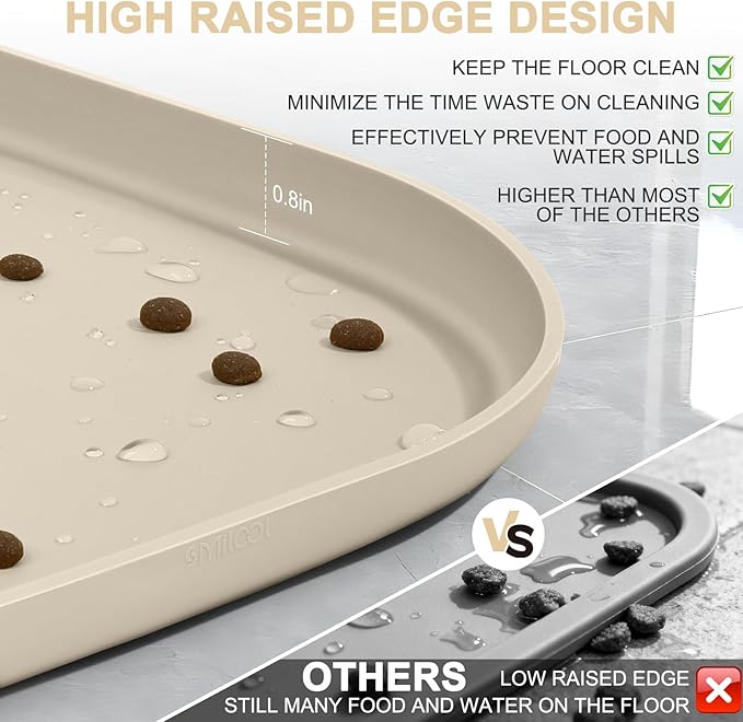 Silicone Pet Food Mat with Raised Edge for Food and Water Bowl, Dog Feeding Mats, Cat Food Trays for Floor Waterproof, Rubber Tray for Dogs and Cats, 22 x 14 x 0.8 Beige