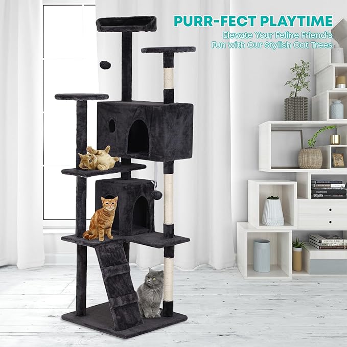 FDW | 70" Cat Tree Tower | Dark Gray | Multi-Level Indoor Activity Center with Sisal Scratching Posts, Condos, Plush Perches, Hanging Cat Toys | Sturdy, Easy to Assemble | for Kittens & Adult Cats