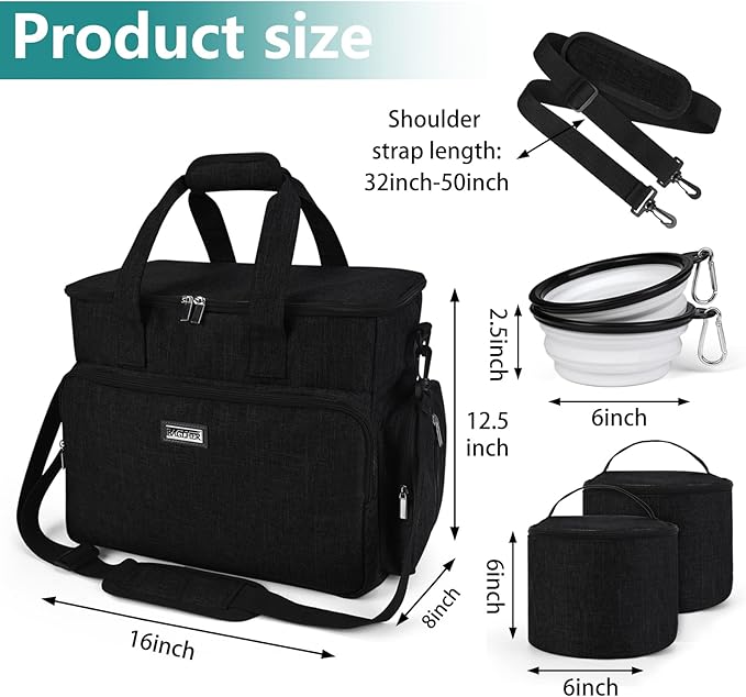 BAGLHER Dog Travel Bag, Airline Approved Pet Tote Organizer with Multi-Function Pockets, 2 Food Storage Containers and 2 Collapsible Dog Bowls, Perfect Weekend Pet Travel Set, Black
