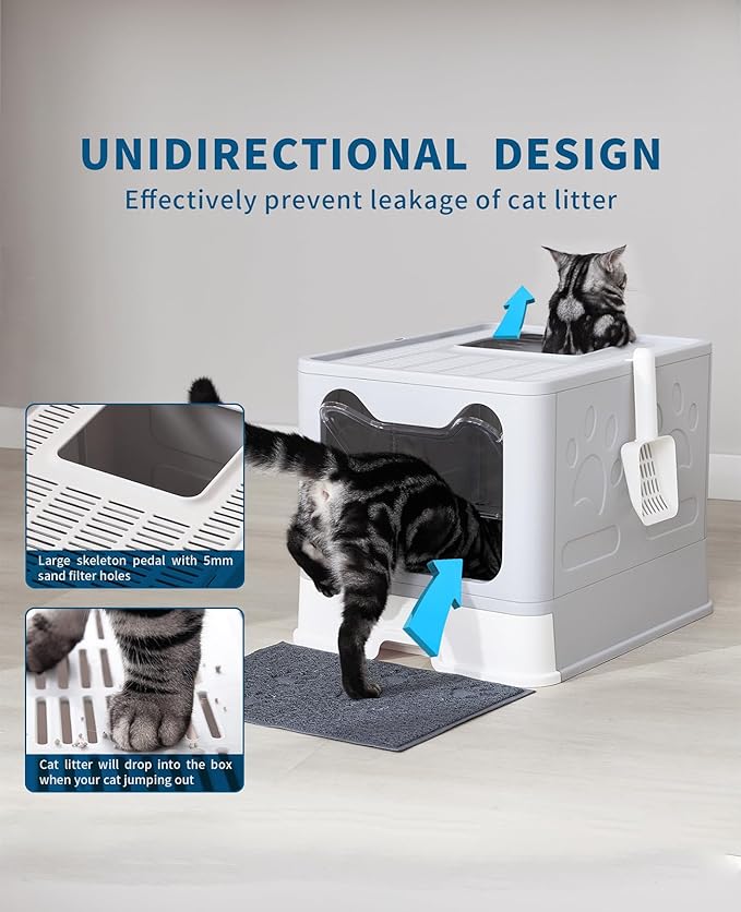 Cat Litter Box with Litter Mat and Scoop, Large Covered Litter Box with Lid, Front Entry Top Exit Kitty Box, Odor Control, Easy to Clean (Grey)
