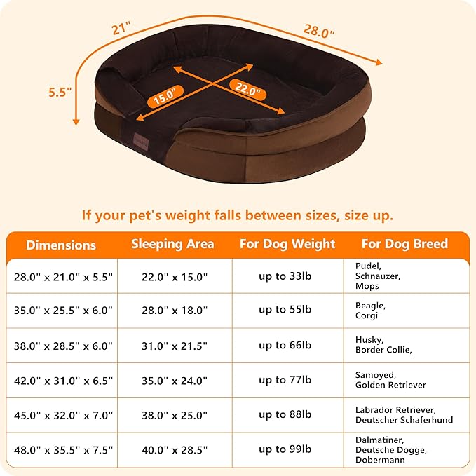 Dwanton Orthopedic Dog Bed for Medium Dogs with Gel Memory Foam, Waterproof Dog Sofa, Washable Pet Bed with Four Sided Bolster Cushion, Removable Cover & Non-Slip Bottom, 28", Brown