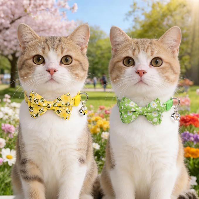 KOOLTAIL Spring Cat Collar with Bow Tie and Bell - 3 Pack Cute Cat Collars Breakaway with Flower & Bee Pattern, Adjustable Fancy Kitten Collar with Safety Buckle for Girls Boys Kitty