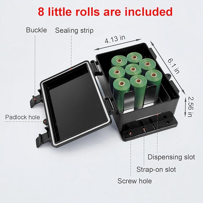 Dog Poop Bag Dispenser Wall Mounted Outside with Lock and 8 Small Rolls, Doggie Bag Holder For Backyard Post, Pole, Fence Mountable fits Home, Commercial Occasion(Black dispenser+8 rolls+lock)