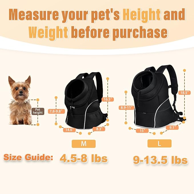 YUDODO Dog Front Carrier Backpack, Adjustable Breathable Pet Carrier for Small Dogs, Ventilated Puppy Back Pack with Safety Belt, Lightweight Doggy Backpack for Hiking Outdoor (Jet Black, M)