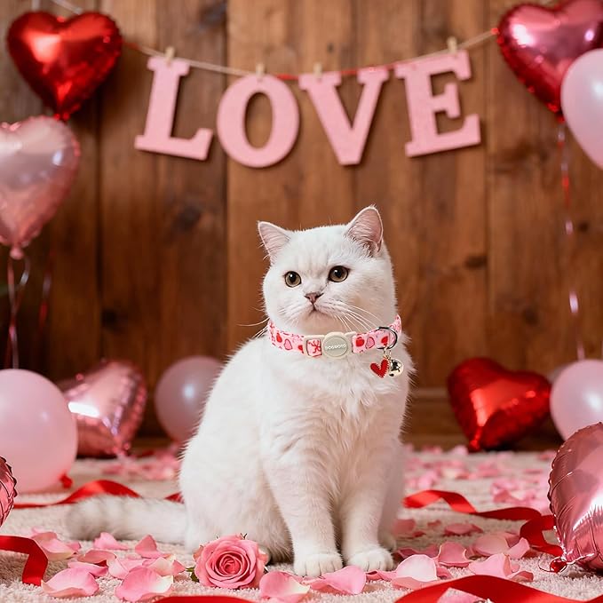 Valentine's Day Cat Collar,2 Pack Cat Collars Breakaway with Bell, DOGWONG Safety Buckle Cat Collar Blue Heart for Girl Boy Cats and Small Dogs，Adjustable 7-12 Inch,Pet Supplies Accessories