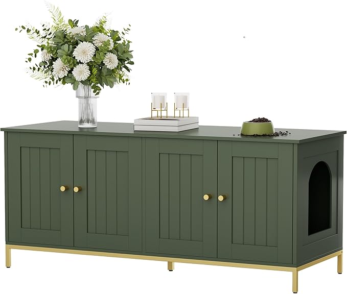 Homhedy Cat Litter Box Enclosure for 2 Cats, Litter Box Furniture Hidden with Double Room, Cat House, 47.2”L x 17.7”W x 21.7”H, Green and Gold