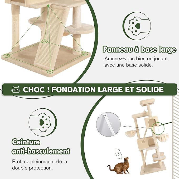 MUTICOR 66 Inches Multi-Level Large Cat Tree Tower for Indoor Big Feline/Cozy Plush Perches/Condo/Sisal Scratching Posts/Hammock and Baskets/Activity Center Play House/Wide Base/Beige
