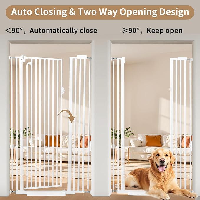 59“ Extra Tall Cat Gate for Doorway: 33.4-37.4” Wide Pet Gate, Auto Close/One Handed Open, 1.34” Extra Small Gap, No Drill Pressure Mount Tall Cat Gate for Interior Stairs/Kitchens/Hallways (White)
