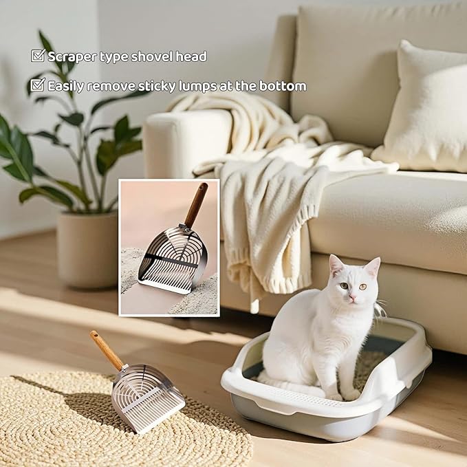 Premium Stainless Steel Cat Litter Scoop-Triple Guard Walls&Non-Stick Design,Silver,Flat Shovel Head Design Solid Deep Edge Wood Handle,Dual Hooks 1Pack,6.1x5.3inch (Silver long strip) (Silver)
