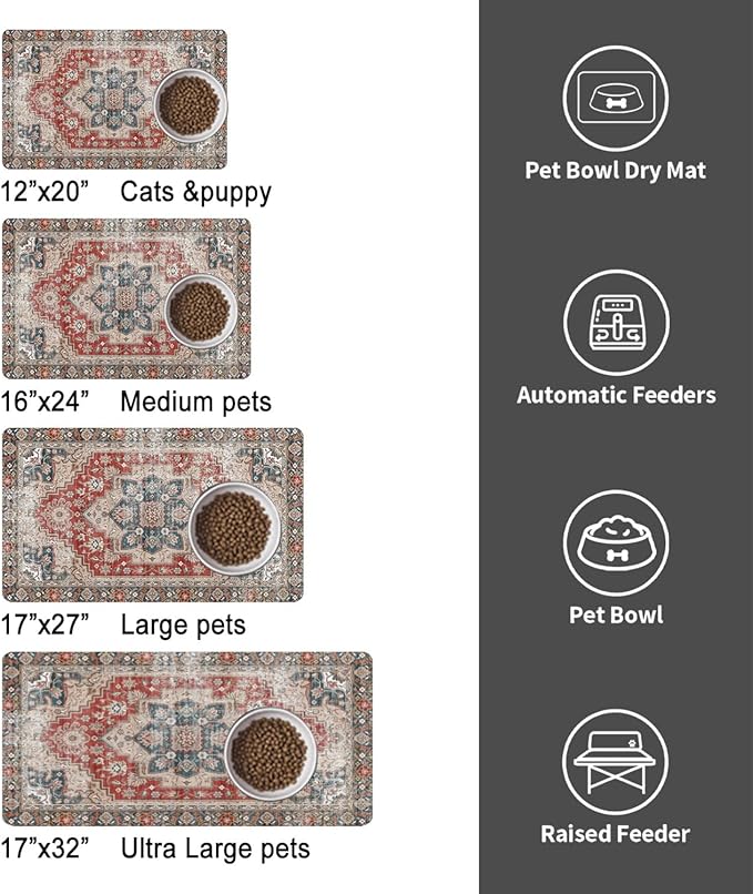 Dog Food Mats for Floors, Absorbent and Quick-Drying Pet Cat Food Mat,Anti-Fouling and Easy-to-Clean Pet Feeding Mat,Dog Bowl Mat for Messy Drinking Water Bowls.12 x20, Bohemia Style