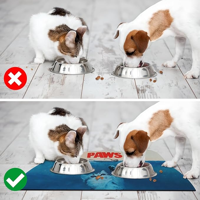 Cat Food Mat - Pet Feeding Mat for Floor, Non-Slip, Waterproof, Super Absorbent, Easy to Clean, Blue, Cat, Dog 15.9''x23.8''