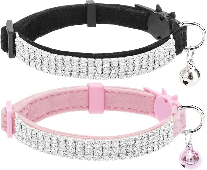 EXPAWLORER Soft Velvet Safe Cat Collars for Girl Cats -2 Pack Rhinestones Bling Diamante Adjustable Collars Breakaway- Chirstmas Cat Clollar Gifts with Bells for Boy Cats Kitty and Small Dogs