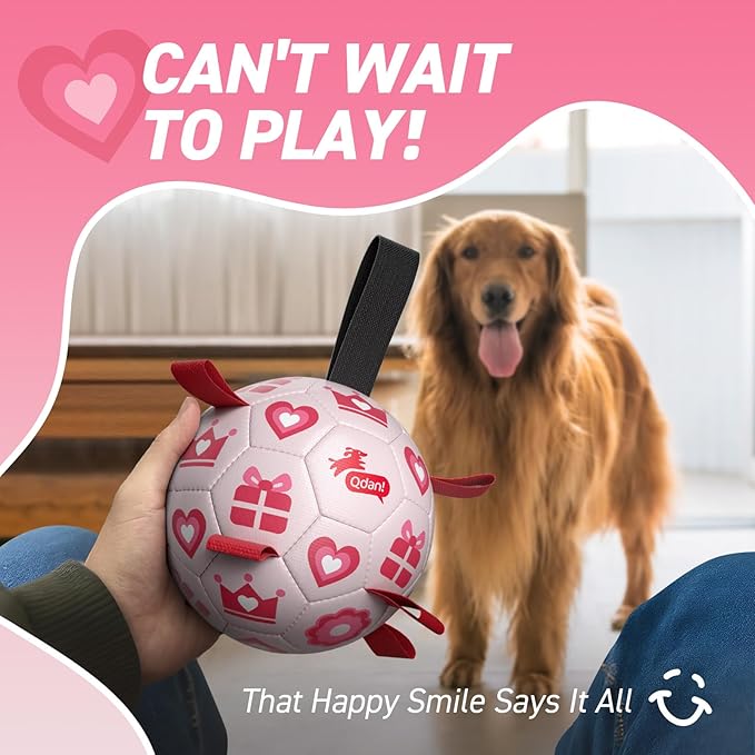 QDAN Valentines Gift Dog Toys, Pink Soccer Ball with Straps, Interactive Tug of War Toy, Puppy Birthday Gifts, Water Toy, Durable Dog Balls for Medium Large (8 Inch)