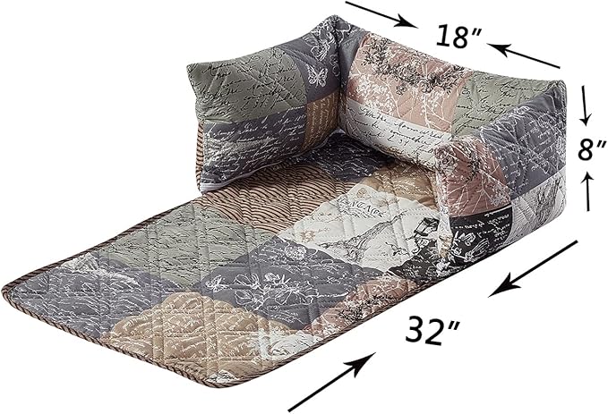 Brilliant Sunshine Quilted Calming Dog Bed Mat, Removable Washable Cover, Cushion Protector and Couch Covers for Dogs, Pets, Cats, Small, Latte Grey Paris and Toile Floral Patchwork