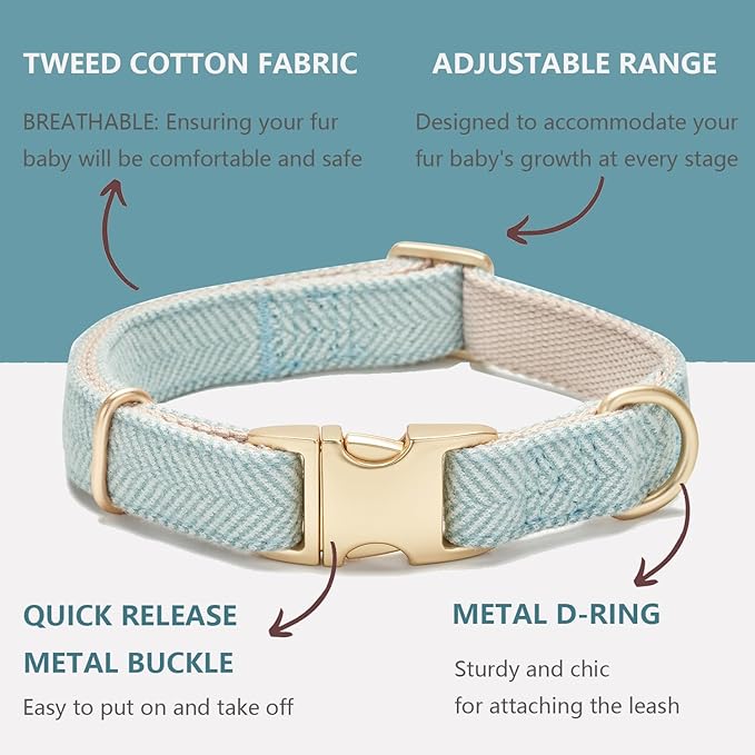 Soft Cotton Hemp Dog Collar with Metal Buckle Adjustable Twilled Dog Collars for Small Medium Large Dogs(Blue,Medium)