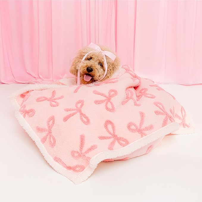 LE SURE Waterproof Puppy Blanket for Small Dogs - Washable Double Sided Dog Blankets with Warm Jacquard Shag and Soft Sherpa Fleece, Pet Cat Blanket for Couch Protection, Bow Design，Pink Taffy
