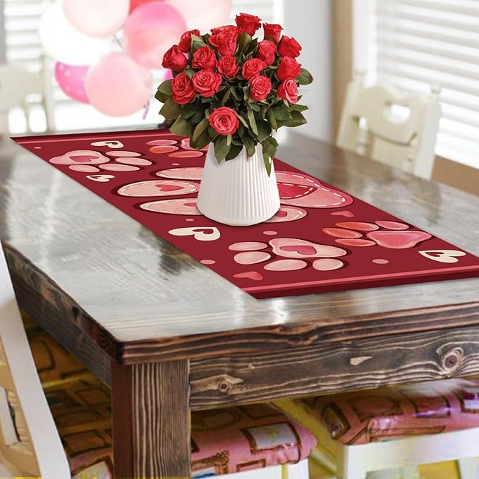 Valentines Day Dog Cat Paw Prints Table Runner, Red Love Hearts Kitchen Dining Table Decoration Pet Lover Gift, Anniversary Wedding Burlap Indoor Outdoor Home Decor Party Supply 13 x 48 Inches