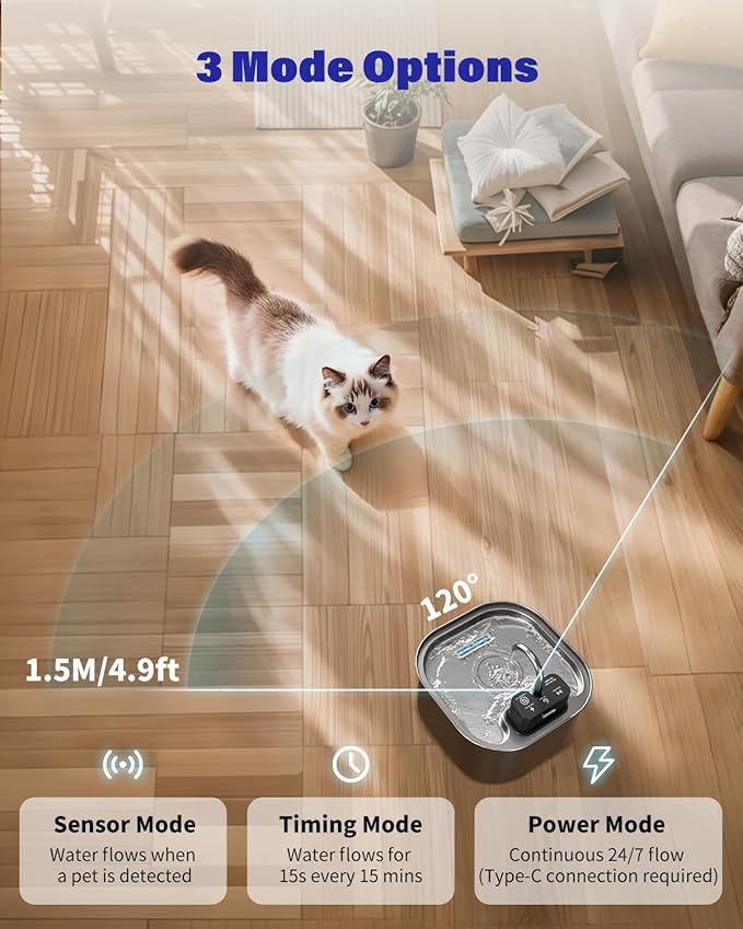 Wireless Cat Water Fountain Stainless Steel with 4 Filters & 4 Sponges, 3.2L/108oz Battery Operated Pet Fountain, Cordless Pet Water Dispenser for Cats and Dogs