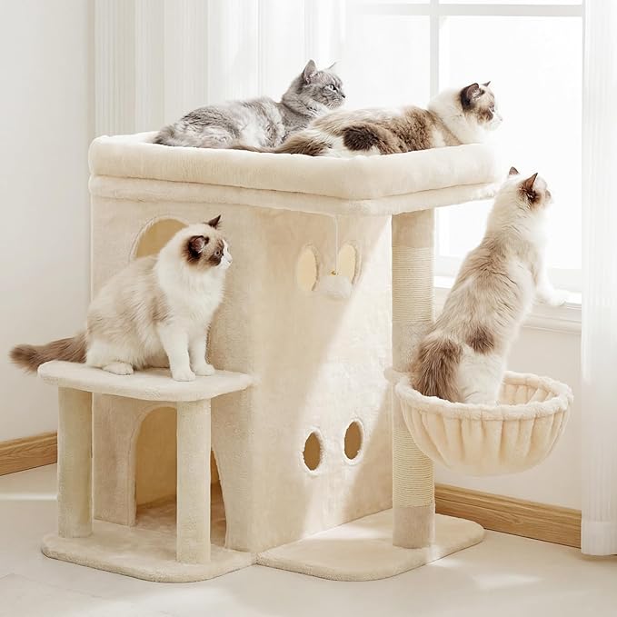 Heybly Cat Tree, 25.6-inch Cat Tower with Spacious Top Perch for Large Cats, Stair-Style Cat House Furniture with Dual-Layer Condos, Sisal Scratching Posts, Cozy Basket & Pompom, Beige HCT204SM