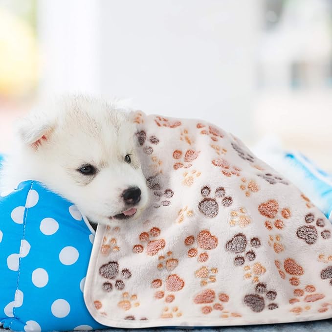 Tatuo 4 Pcs Dog Blanket for Pet Cat Blankets Indoor Puppy Teething Stuff Toys Paw Print Fleece Soft Blanket Sleep Mat for Guinea Pig Cage(White, Coffee, Pink, Purple,Small(24 x 16 Inch),Square)