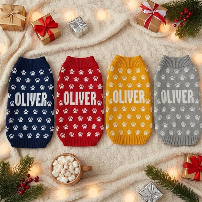 Custom Pet Knit Sweater with Name Personalized Dog Cat Outfit Paw Pattern Winter Warm Clothing for Puppies Kittens Holiday Birthday Gift Keepsake Comfortable Everyday Wear