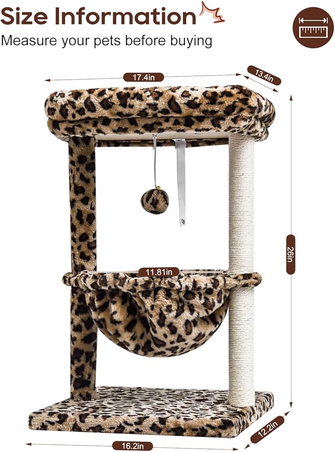 SYANDLVY Small Cat Tree for Indoor Cats, Unique Cheetah Leopard Print Cat Tree Tower for Kitties, Condo Furniture with Hammock & Sisal Scratching Posts