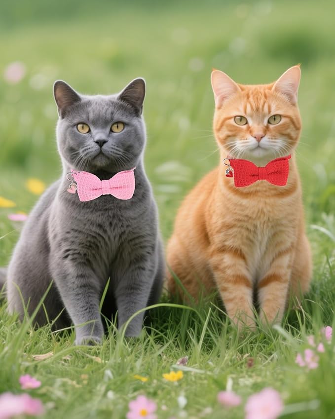 Cat Collar Breakaway with Bells, Soft Cotton Pink Cat Bowtie Collar for Girl Cats, Small Cats Collar with Bow for Spring Summer, 2 Pack Cute Kitten Collars with Removable Bowtie 8-12Inch