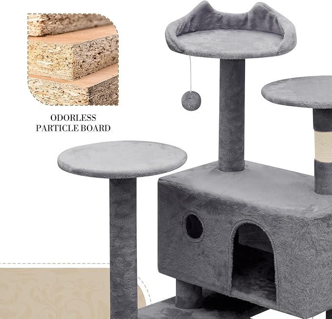 Athena Collection Cat Tree, 77 Inch Cat Tower for Indoor Cats, Multi-Level Cat Tree Tower Activity Center with 2 Cat Condo & Cat Scratching Post & Dangling Ball, Tall Cat Tree, Smoky Gray