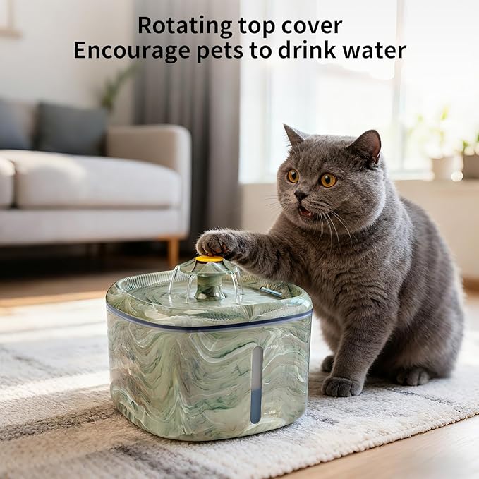 Cat Water Fountain,2.5L/84oz Cat Fountain for Drinking with Rotating Attractor & Camouflage Green Design – Automatic Pet Water Dispenser Bowl with 8-Pack Replaceable Filters