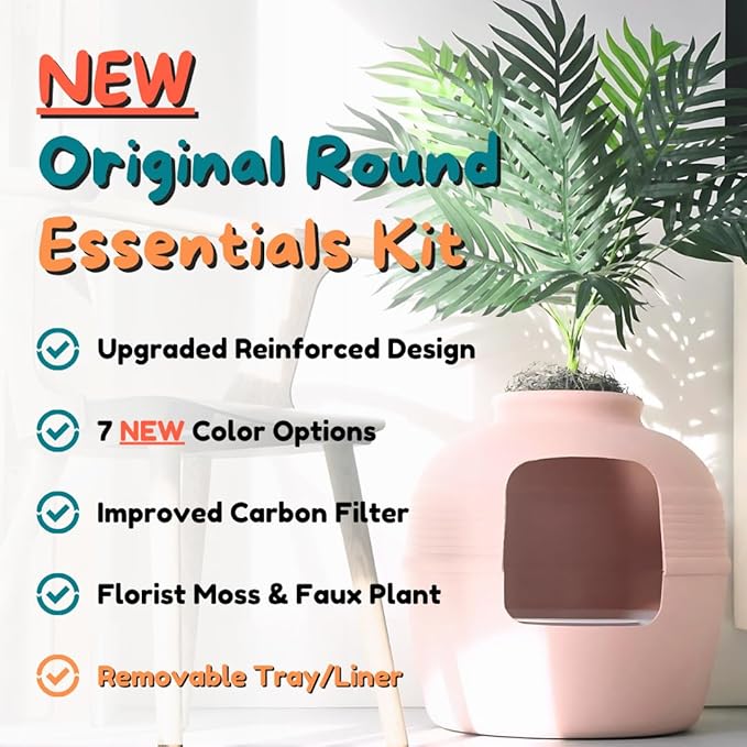 Good Pet Stuff Hidden Litter Box Planter, Decorative Cat Litter Enclosure with Carbon Filter, Artificial Plant, Easy Clean, Removable Liner, Round Style, Essentials Kit, Blush Pink