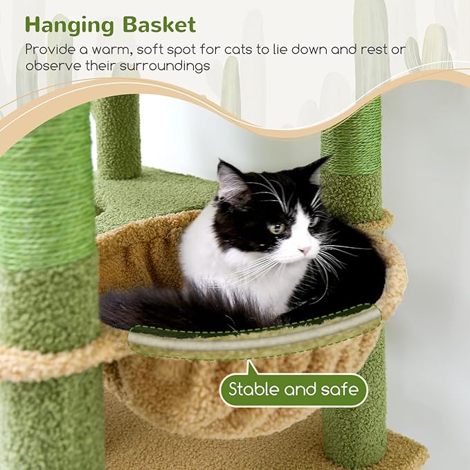 Globlazer Heavy Duty Cactus Cat Tree for Large Cats, Sturdy 72in Maine Coon Cat Tree for Large 20 lbs+ Cactus Cat Tower for Adult Biggest Cats with 6 Scratching Posts, Hammock, S72, Green