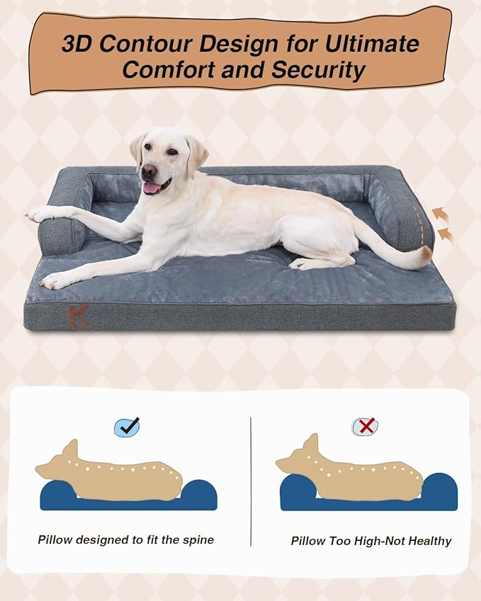 KSIIA Washable Dog Bed XXXL Senior Dog, Orthopedic Warm Soft Pet Sofa Waterproof Pet Couch with Sides, Non-Slip and Egg-Crate Foam Jumbo Beds with Removable Cover, 53x36Inch, Dark Grey