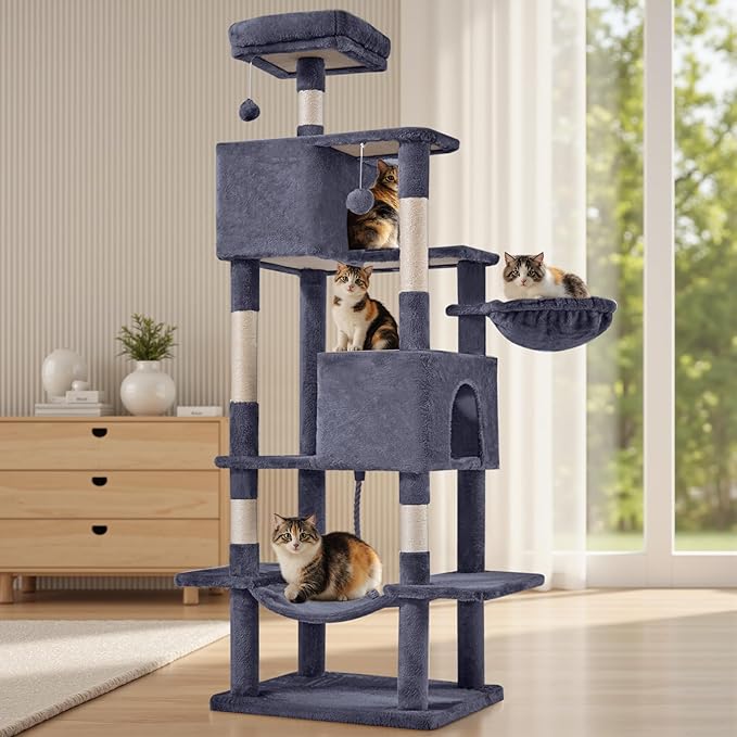 Sweetcrispy 66 Inch Cat Tree Tower, Multi Level Cat Climbing Tower with Natural Sisal Scratching Posts, Hammock, Pet Condo for Indoor Cats and Kittens Play, Dark Grey