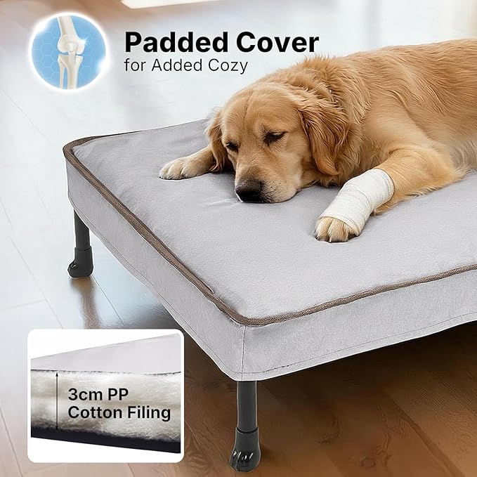 Veehoo Elevated Dog Bed with Waterproof Cushion Mat, Cooling Raised Dog Beds with Padded Top, Washable Outdoor Dog Bed, Orthopedic Pet Cot for Indoor & Outdoor, Medium Dog Bed 32" x 25", Dark Grey