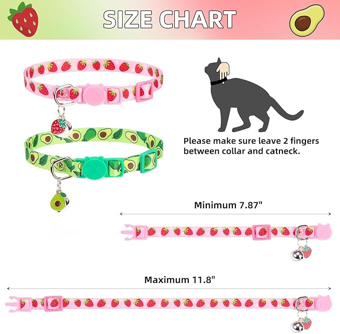 PUPTECK Breakaway Cute Cat Collar with Bell Charm, 2 Packs Adjustable Kitty Collars Fruit Pattern, Pink&Green, 7.8-11.8 in