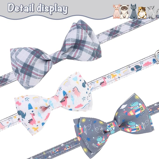 Breakaway Cat Collar with Removable Bow Tie and Bell, Cute Multi-Style Patterns, 3 Pack Safety Buckle Kitten Collars, Adjustable Pet Collar for Boy Cats Puppy (Gray)