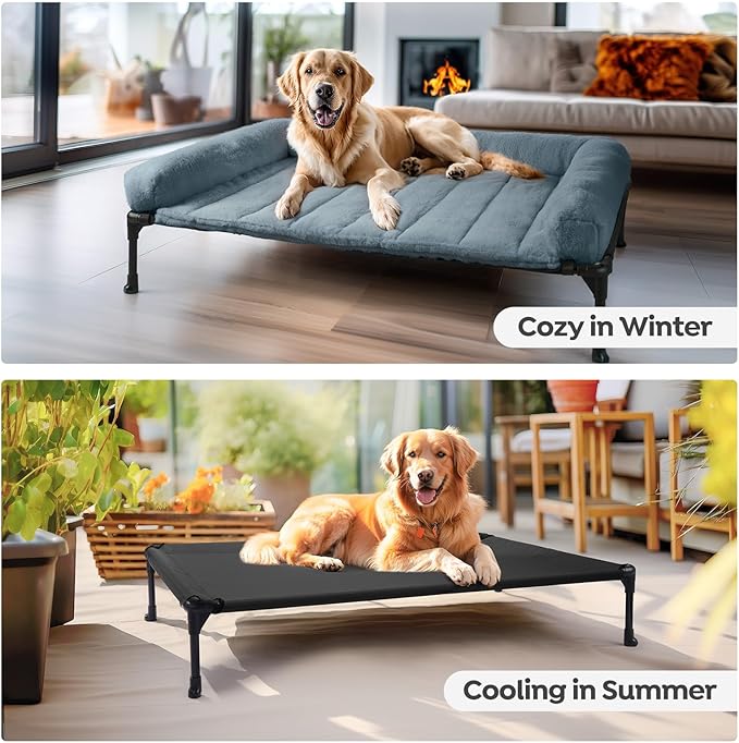 Veehoo Orthopedic Elevated Dog Bed with Fluffy Plush Bolster Cushion, Indoor Raised Dog Beds for Large Dogs, Soft Pet Sofa Cot with Removable Washable Mat, No-Slip Feet, 32 x 25 inches, Haze Blue