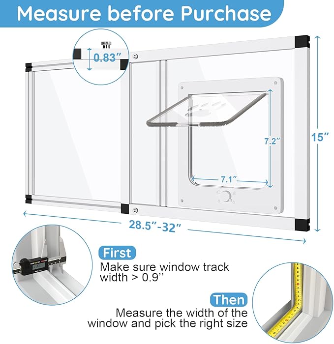 Sliding Cat Door for Window, Fits 28.5"-32" Width Window, 2-Min Install | Aluminum Frame + HD Glass | Weatherproof Design | Magnetic Closure Window Cat Door Insert, Adjustable Pet Door Window for Cats