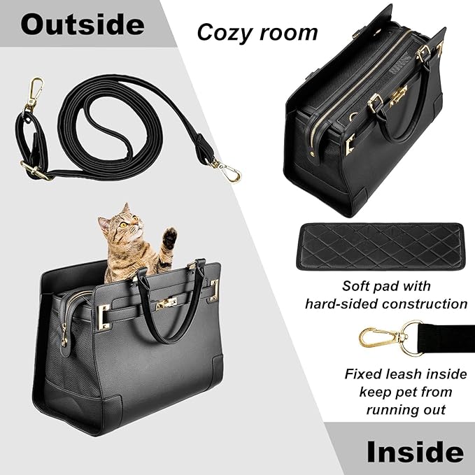 Fashion Dog Purse Carrier for Small Dogs with Shoulder Strap, Hold Up to 7lbs Quality PU Leather Pet Carrier, Cat Carrier, Airline Approved Puppy Purse Carrier for Travel (Black, Small Size)