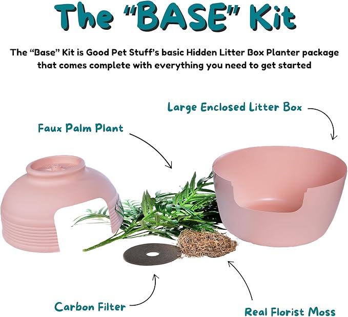 Good Pet Stuff Hidden Litter Box Planter, Decorative Cat Litter Enclosure with Carbon Filter, Artificial Plant, Easy Clean, Indoor Design, Original Round Style, Base Kit, Pink Coral