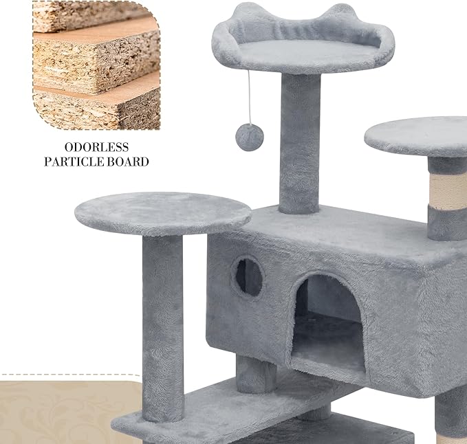 Athena Collection Cat Tree, 62 Inch Cat Tree Tower for Indoor Cats, Multi-Level Cat Tower House Activity Center with 2 Cat Condo & Scratching Post & Dangling Ball, Tall Cat Climbing Tower, LightGray
