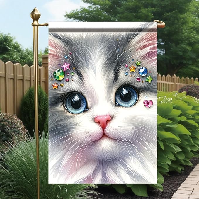 Cute Kitty Garden Flag 12x18 Inch Bling Rhinestone Cat Face Banner Double Sided Kitten Yard Decor for Cat Lovers, Spring Summer Outdoor Decoration