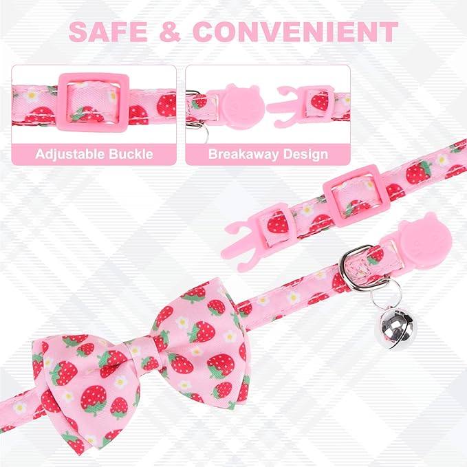 Breakaway Cat Collars with Bell & Cute Pendants - 3 Pack Adjustable Safety Kitten Collars - Decoration for Girl Boy Cats Puppy and Small Pets (Style C - Strawberry)